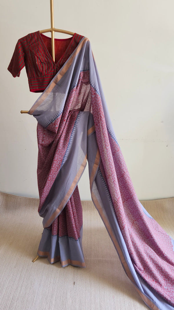 'ABHILASHA: Grey' Hand block printed Bengal Cotton Saree