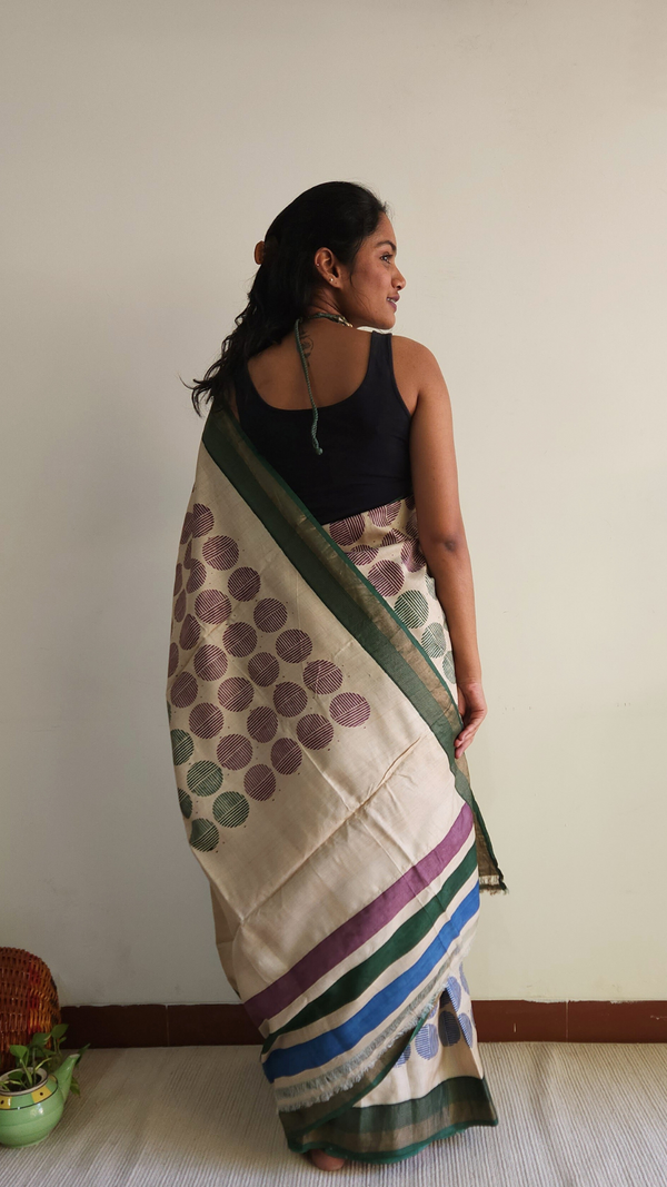 'HOMEGOING: Aventurine' Hand Block printed on Handwoven Tussar Silk