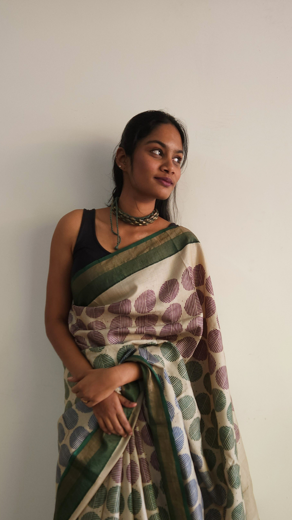 'HOMEGOING: Aventurine' Hand Block printed on Handwoven Tussar Silk