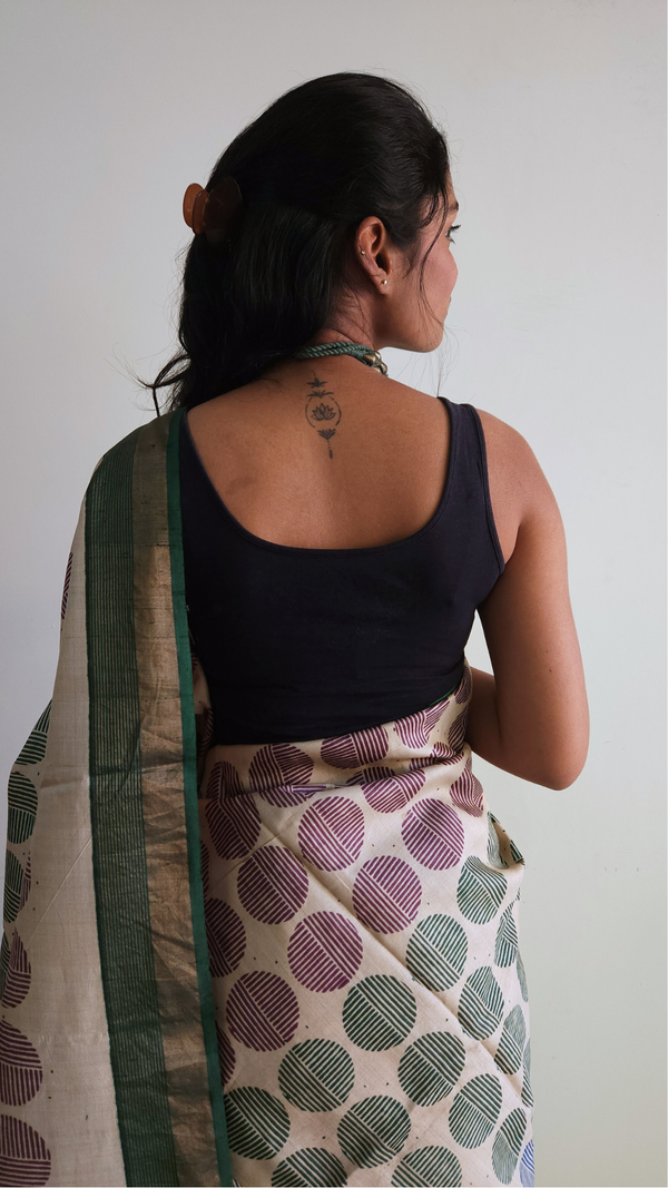 'HOMEGOING: Aventurine' Hand Block printed on Handwoven Tussar Silk