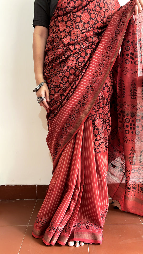 'QUDSIA: Red' Handblock Ajrakh on Handwoven Maheshwari Saree