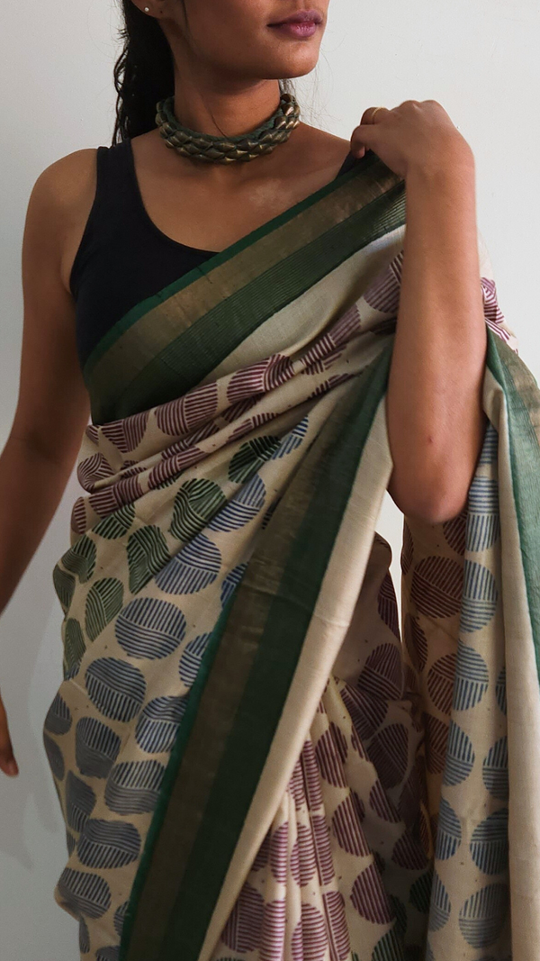 'HOMEGOING: Aventurine' Hand Block printed on Handwoven Tussar Silk