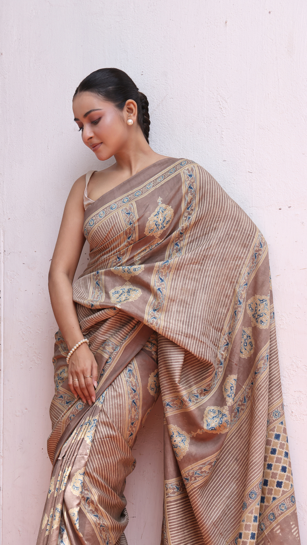 'SHAHJEHAN: Brown' Ajrakh Handwoven Mulberry Silk Saree