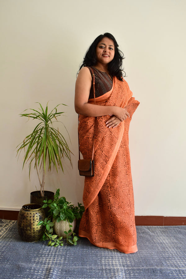 'WEB OF DREAMS: Peach' Handblock Printed Linen Saree