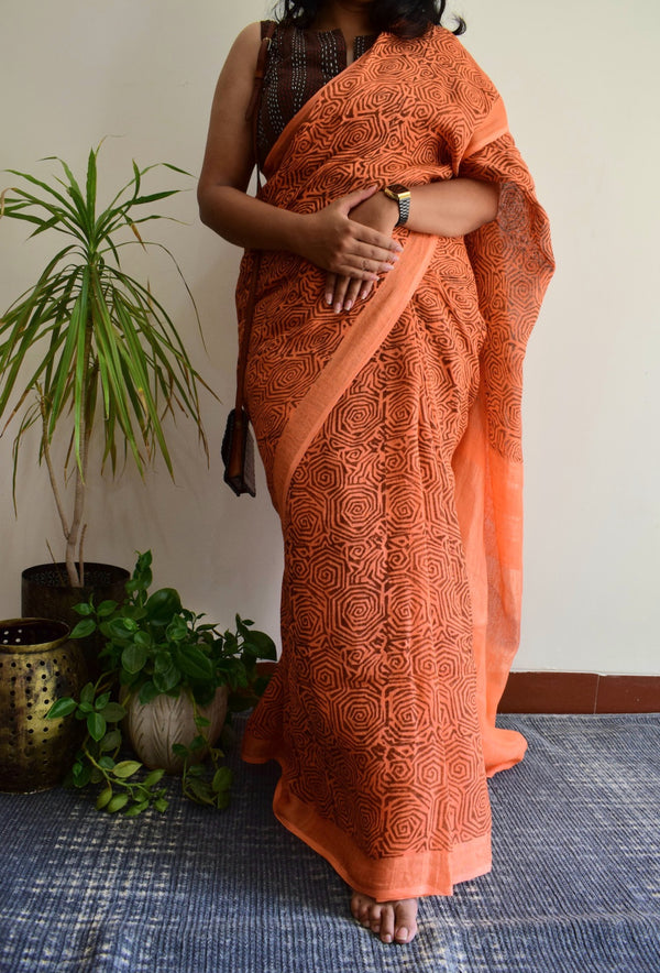 'WEB OF DREAMS: Peach' Handblock Printed Linen Saree