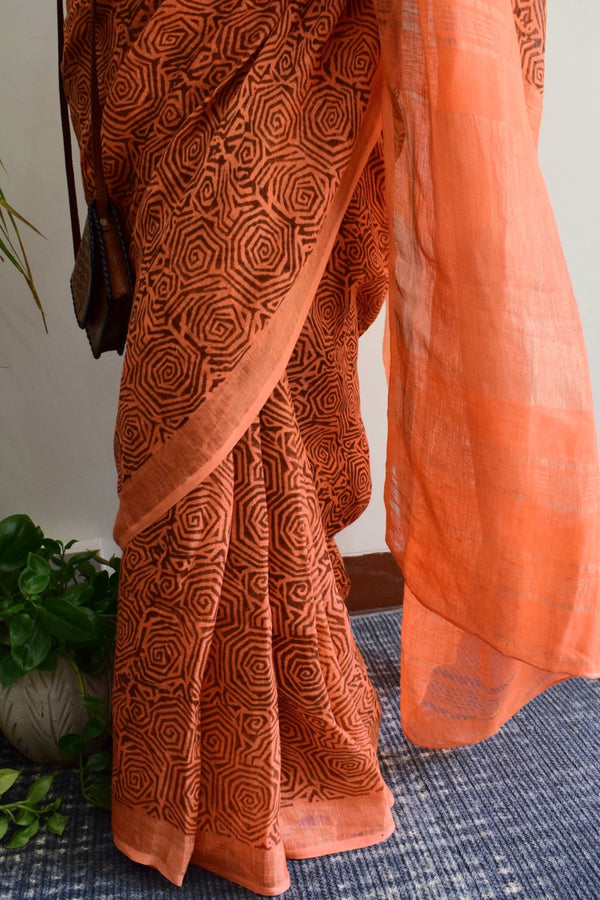 'WEB OF DREAMS: Peach' Handblock Printed Linen Saree