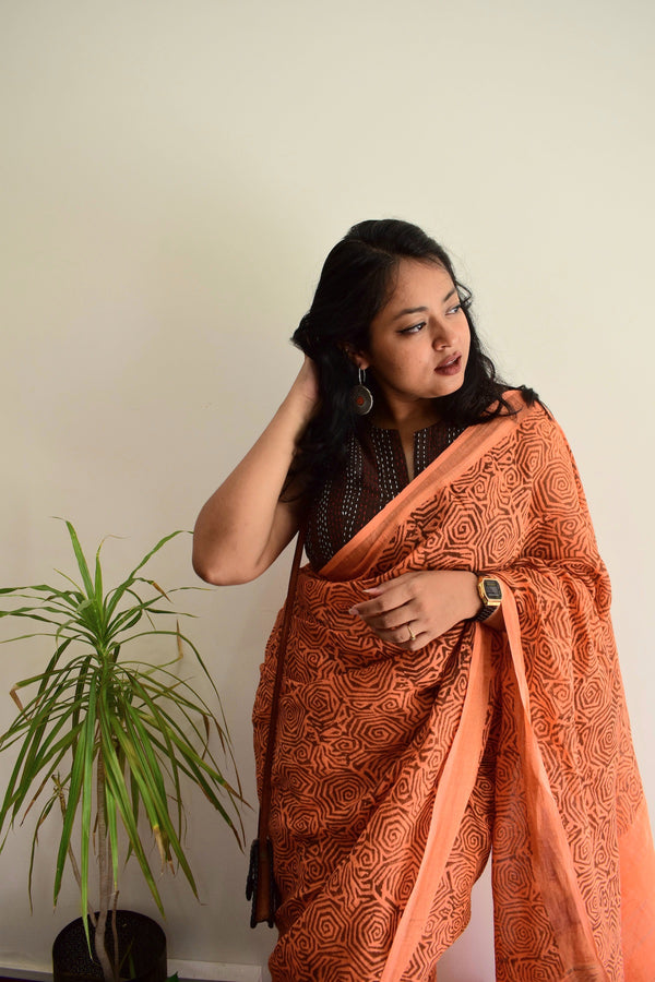 'WEB OF DREAMS: Peach' Handblock Printed Linen Saree