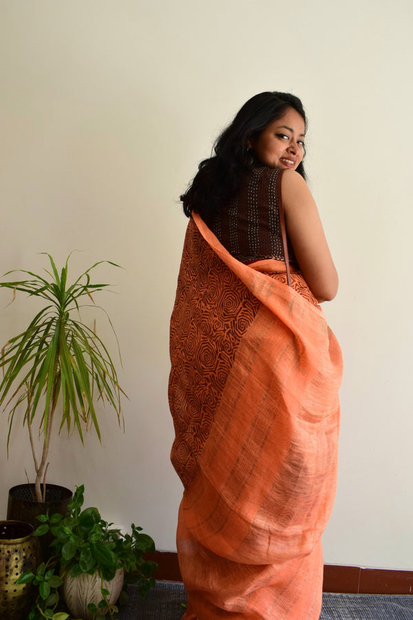 'WEB OF DREAMS: Peach' Handblock Printed Linen Saree