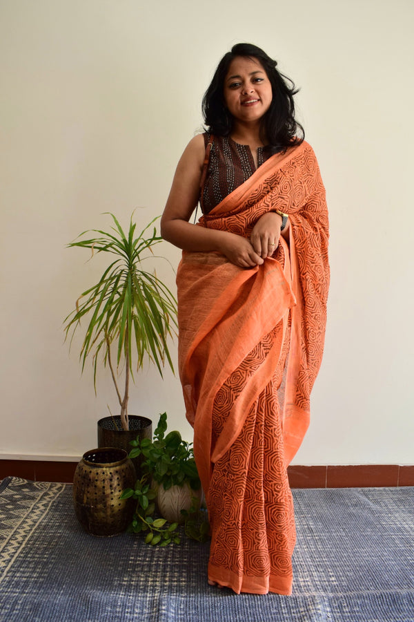 'WEB OF DREAMS: Peach' Handblock Printed Linen Saree