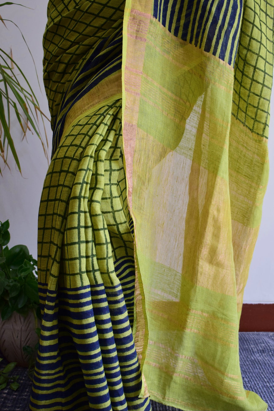 'OF ALL STRIPES: Green' Handblock Printed Linen Saree