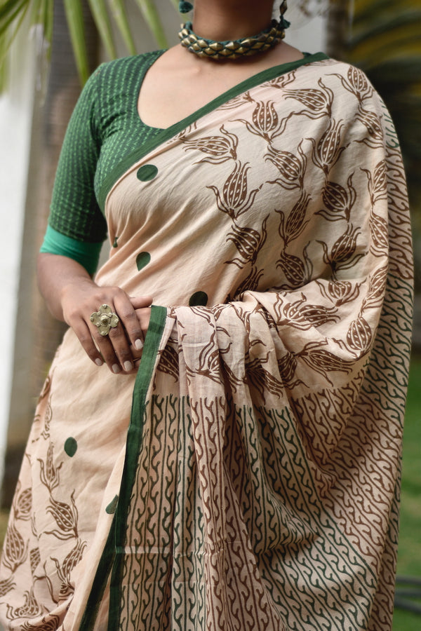 'ZAHRA: Beige' Hand block printed cotton