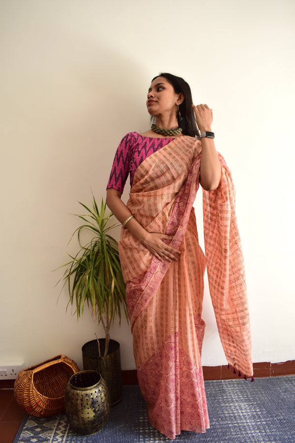 'NANDYARVATTAM: Wine' Hand block printed handloom Kota Doria