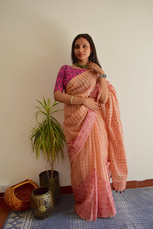 'NANDYARVATTAM: Wine' Hand block printed handloom Kota Doria