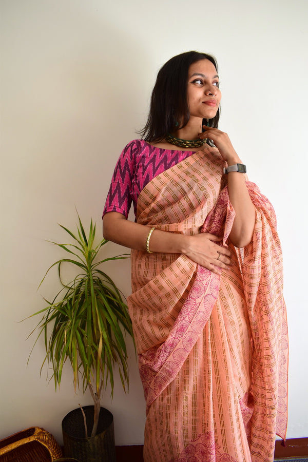 'NANDYARVATTAM: Wine' Hand block printed handloom Kota Doria