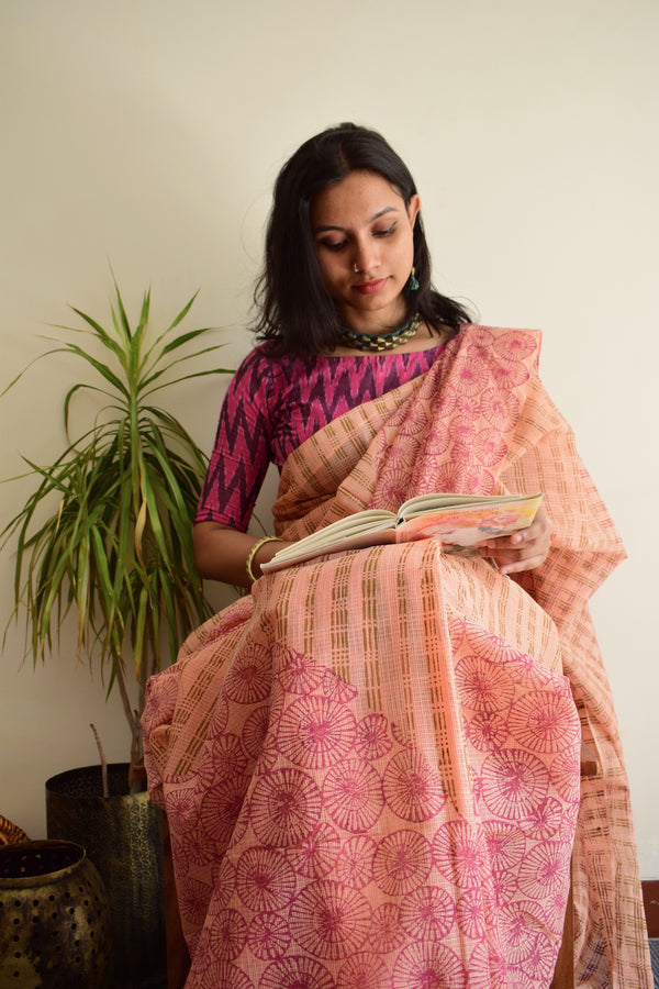 'NANDYARVATTAM: Wine' Hand block printed handloom Kota Doria