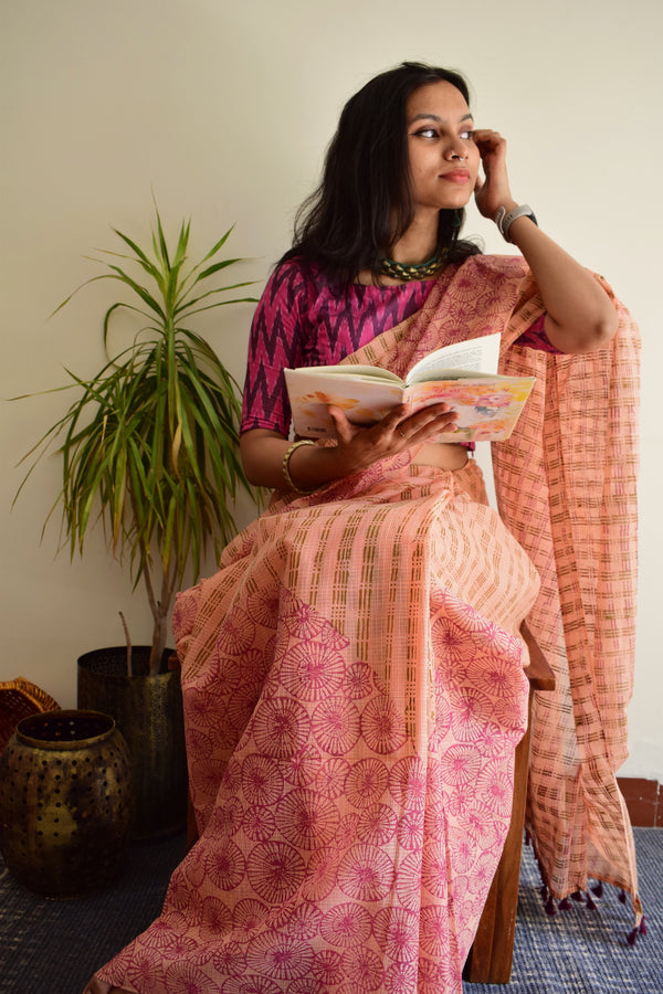 'NANDYARVATTAM: Wine' Hand block printed handloom Kota Doria