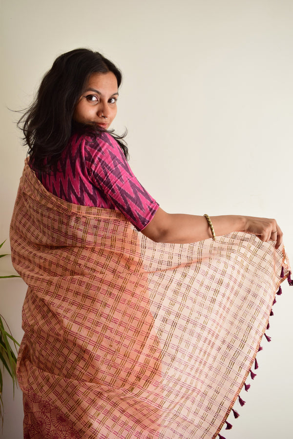 'NANDYARVATTAM: Wine' Hand block printed handloom Kota Doria