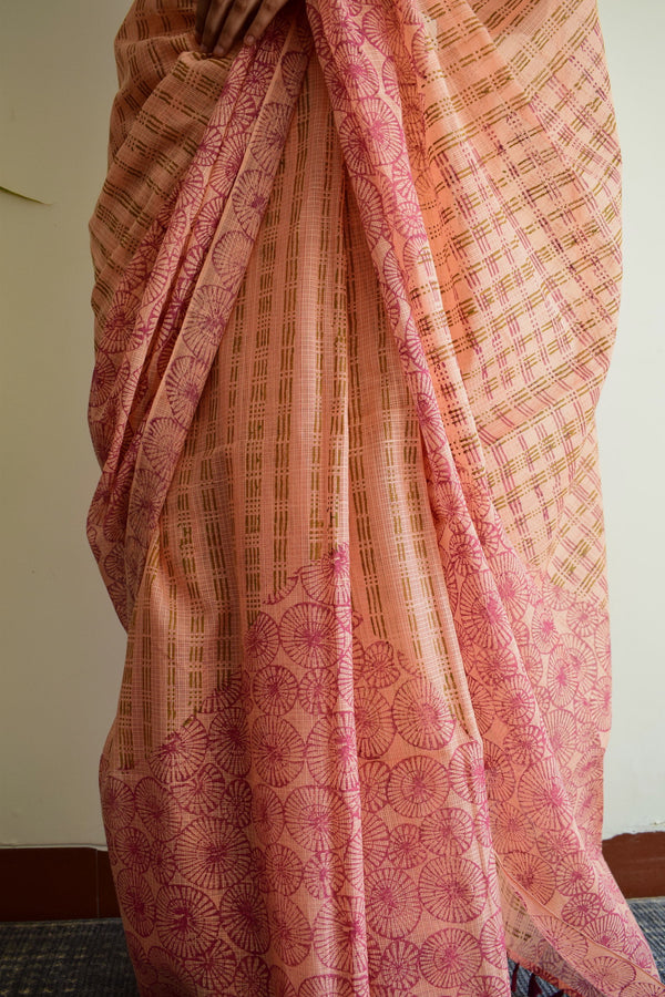 'NANDYARVATTAM: Wine' Hand block printed handloom Kota Doria