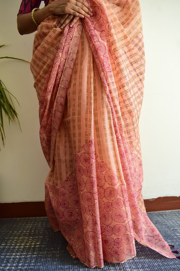 'NANDYARVATTAM: Wine' Hand block printed handloom Kota Doria