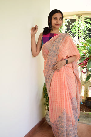 'NANDYARVATTAM: Blue' Hand block printed handloom Kota Doria