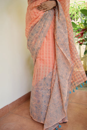 'NANDYARVATTAM: Blue' Hand block printed handloom Kota Doria
