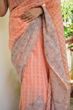 'NANDYARVATTAM: Blue' Hand block printed handloom Kota Doria