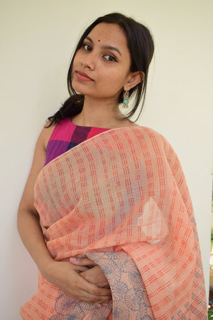 'NANDYARVATTAM: Blue' Hand block printed handloom Kota Doria