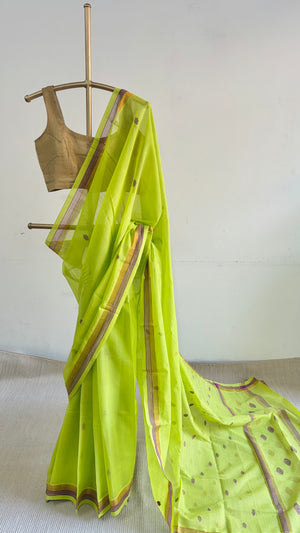 'NAGAVALLI: Neon Green' Handwoven Venkatagiri Cotton Saree
