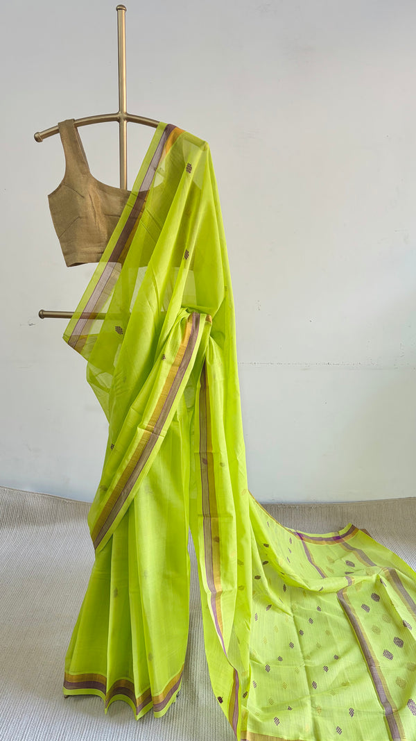 'NAGAVALLI: Neon Green' Handwoven Venkatagiri Cotton Saree