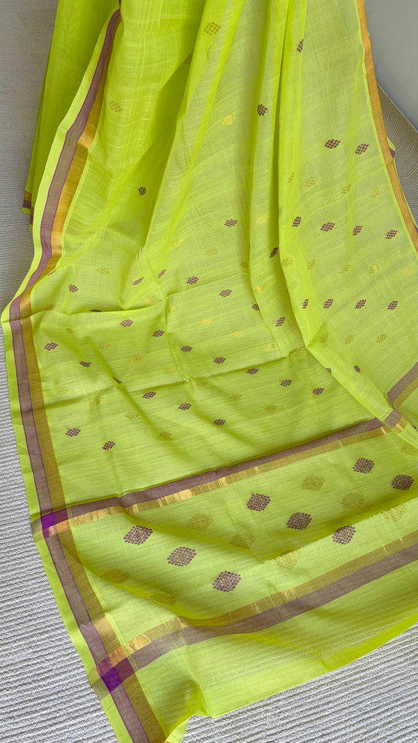 'NAGAVALLI: Neon Green' Handwoven Venkatagiri Cotton Saree
