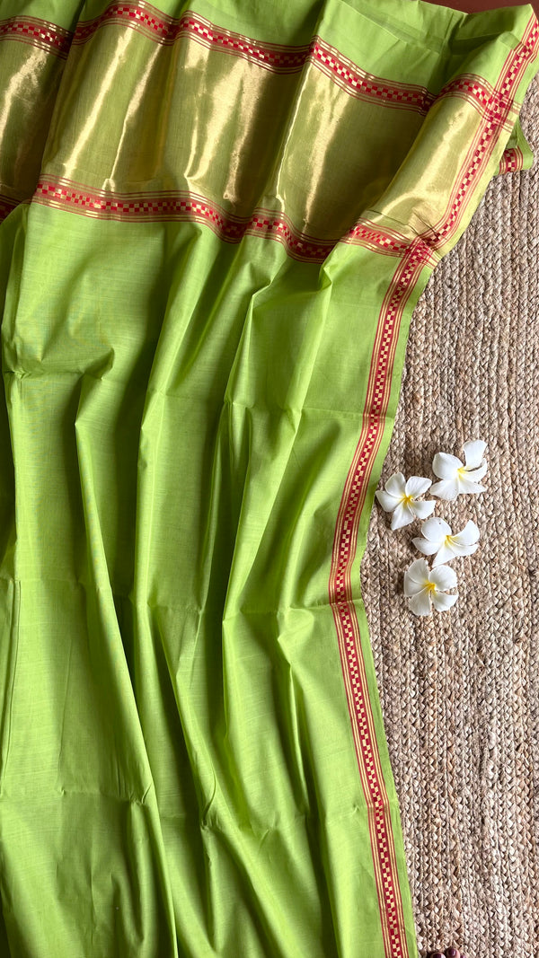 'BAHUDA: Lime green' Handwoven Venkatagiri Cotton Saree