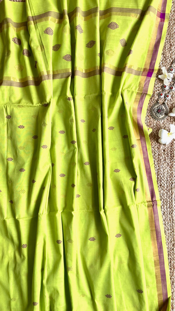 'NAGAVALLI: Neon Green' Handwoven Venkatagiri Cotton Saree
