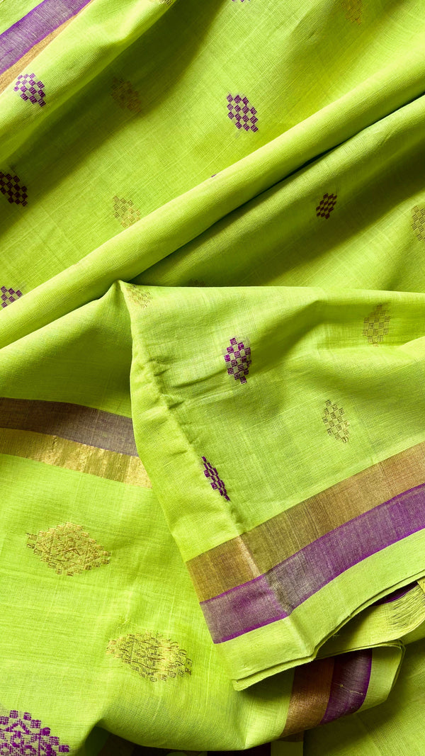 'NAGAVALLI: Neon Green' Handwoven Venkatagiri Cotton Saree