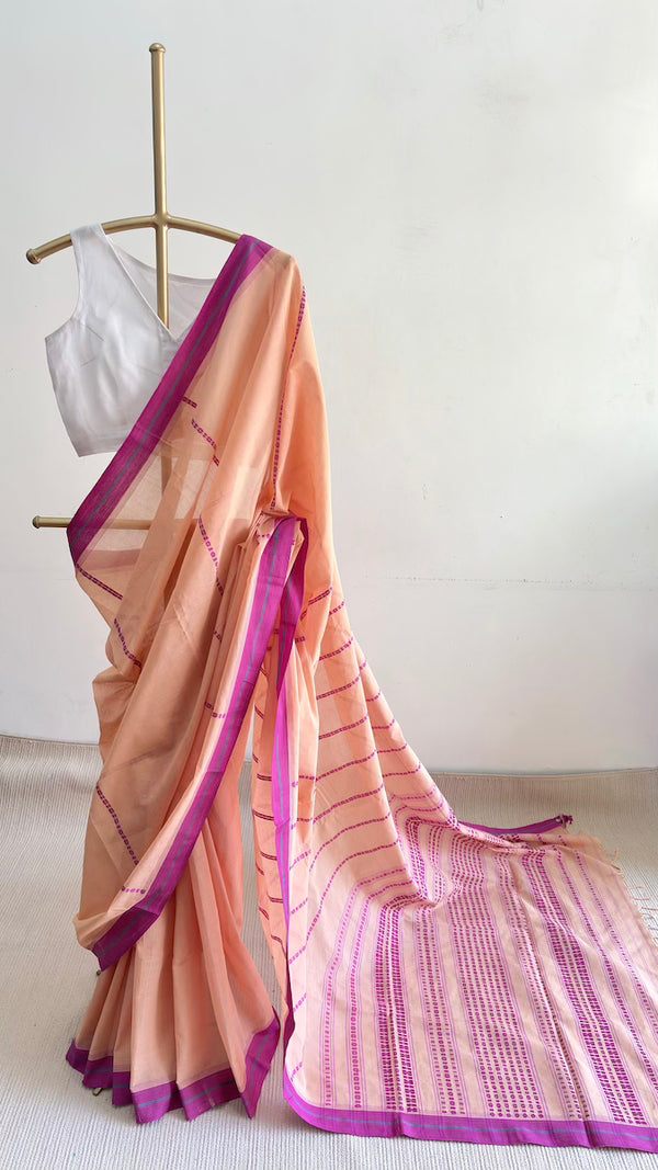 'ADITI: Light Peach' Handwoven Begumpuri Cotton Saree