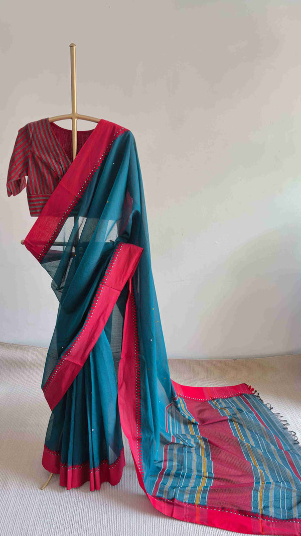 'HAIMANTI: Dark Teal' Handwoven Begumpuri Cotton Saree