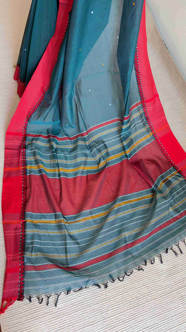 'HAIMANTI: Dark Teal' Handwoven Begumpuri Cotton Saree