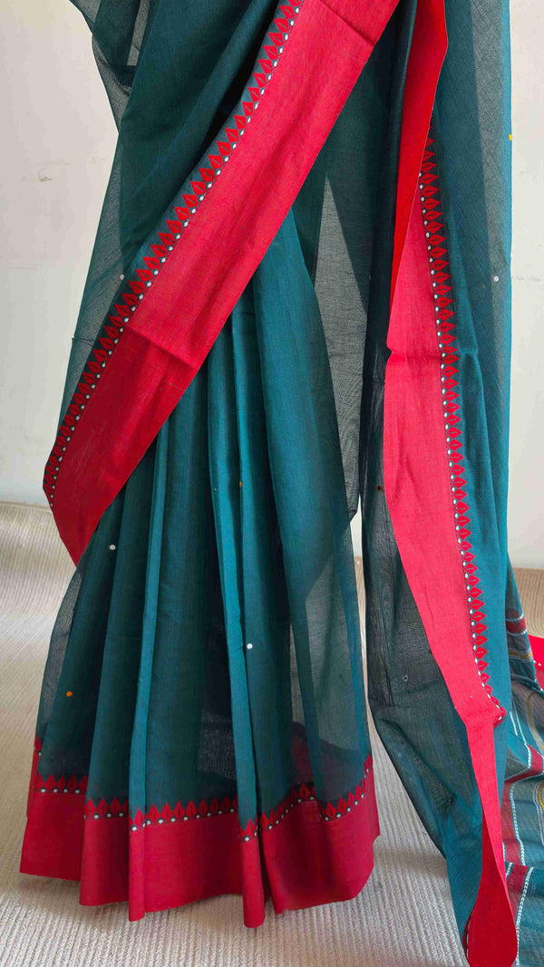 'HAIMANTI: Dark Teal' Handwoven Begumpuri Cotton Saree