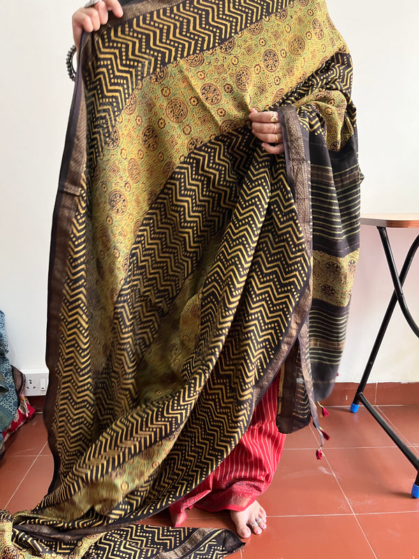 'SULTAN JAHAN: Green' Handblock Ajrakh on Handwoven Maheshwari