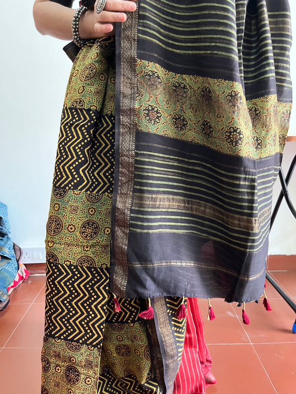 'SULTAN JAHAN: Green' Handblock Ajrakh on Handwoven Maheshwari