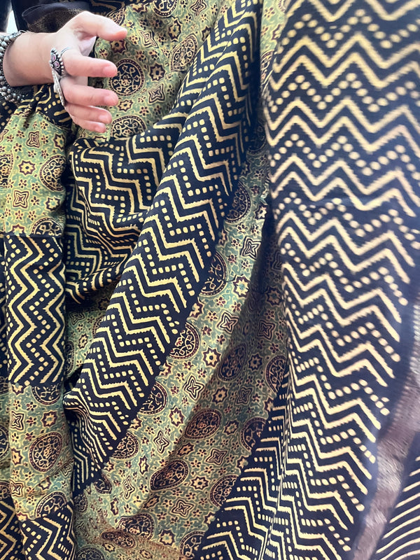 'SULTAN JAHAN: Green' Handblock Ajrakh on Handwoven Maheshwari