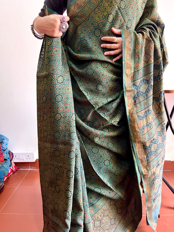 'SIKANDAR BEGUM: Green' Handblock Ajrakh on Handwoven Maheshwari