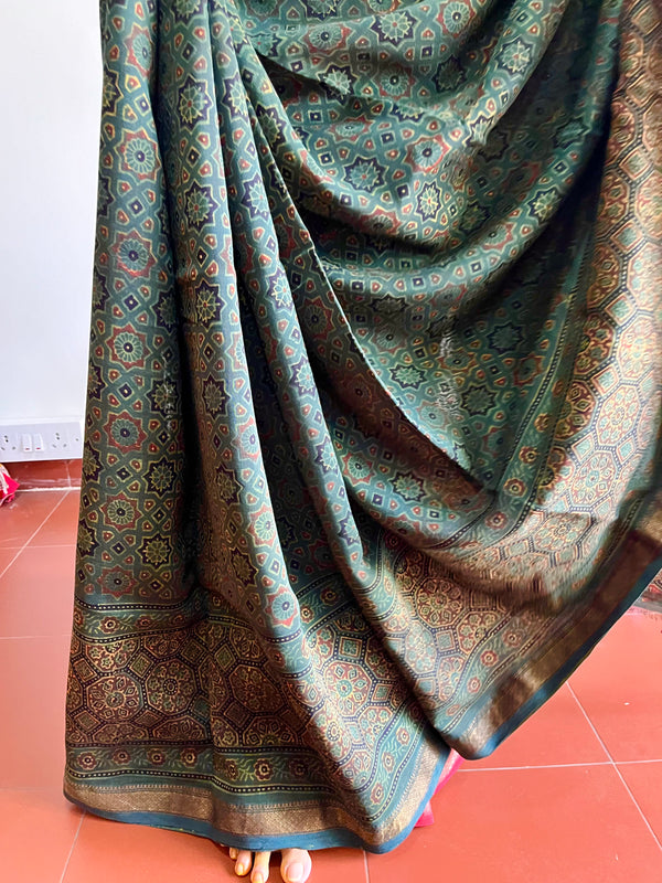 'SIKANDAR BEGUM: Green' Handblock Ajrakh on Handwoven Maheshwari