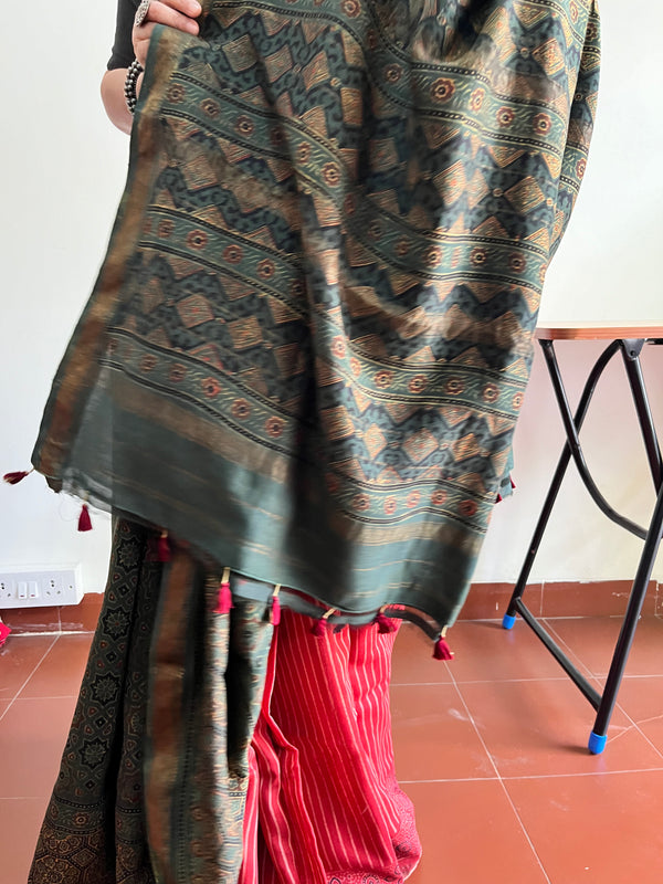 'SIKANDAR BEGUM: Green' Handblock Ajrakh on Handwoven Maheshwari