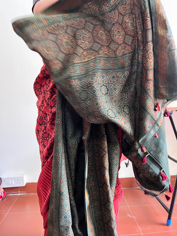 'SIKANDAR BEGUM: Green' Handblock Ajrakh on Handwoven Maheshwari