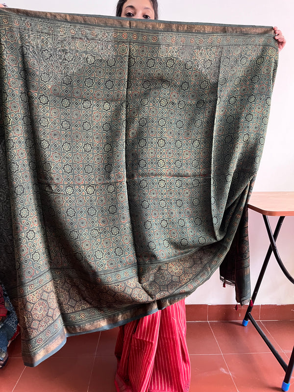 'SIKANDAR BEGUM: Green' Handblock Ajrakh on Handwoven Maheshwari