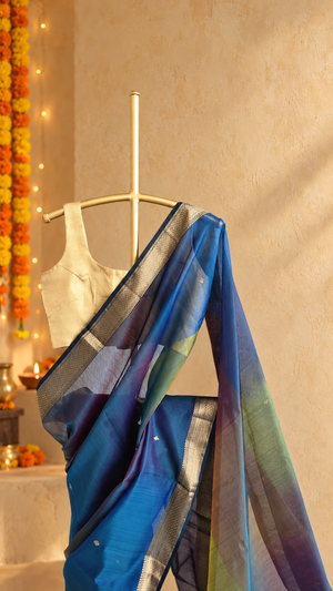 'SUNDARI: PEACOCK' Handwoven Silk-Cotton Maheshwari Saree