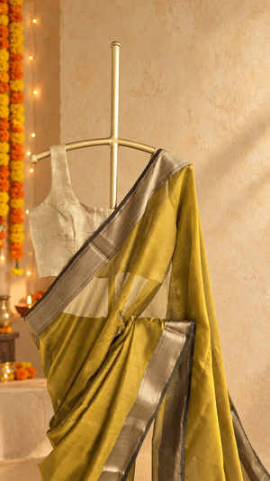 'DHANALAKSHMI: MUSTARD' Handwoven Silk-Cotton Maheshwari Saree