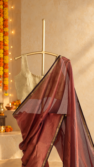 'HAIMAVATHI: RUST' Handwoven Tissue Silk Maheshwari Saree