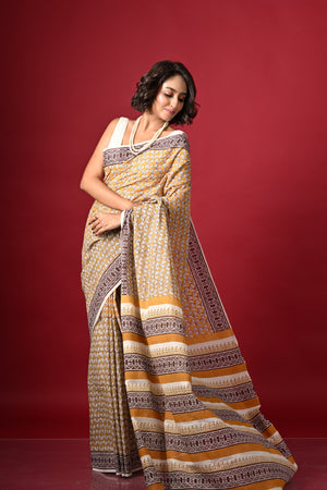 'PETAL PLUSH: Mustard' Hand Block Printed Cotton Saree
