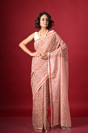 'MAZE RUNNER: Red' Hand Block Printed Cotton Saree